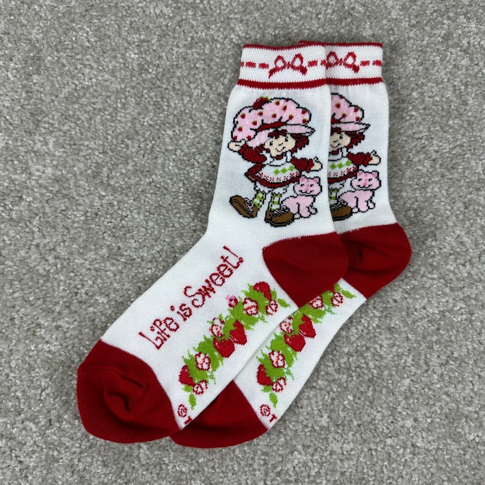 Strawberry Shortcake‎ Life is Sweet Crew Socks White Red Retro Character Hosiery